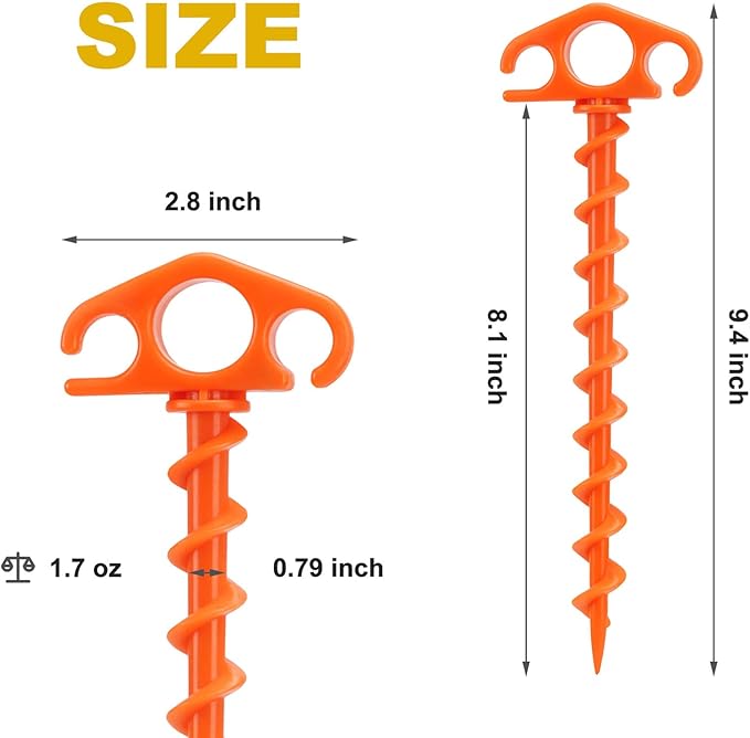 Tent Stakes Sand Stakes for Beach Tent Spiral Anchor Stakes 9.4 Inch Heavy Duty Screw Canopy Stakes for Camping, Hiking and More (10, Orange)