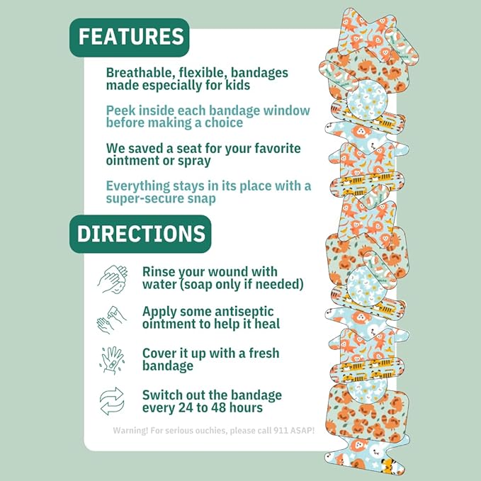 Cupkin Adhesive Bandages for Toddlers and Big Kids, Heal in Style with Fun, Colorful Designs Perfect for Boys and Girls, Comes in Reusable Cute First Aid Kit Metal Tin, Wild Animals, 152 Count