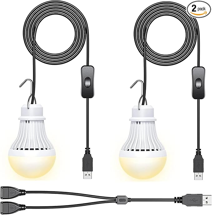 2 Pack USB LED Camping Lantern, 8.2 ft Extra Length Cord Tent Light with USB Y-Cable, Portable LED Bulb for Garage, Warehouse, Car, Truck, Fishing Boat, Room, Emergency Light, Warm