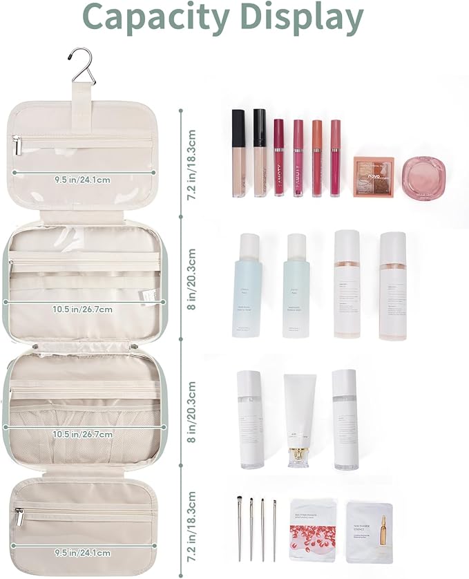 Narwey Hanging Toiletry Bag for Women Travel Makeup Bag Organizer Toiletries Bag for Travel Size Essentials Accessories Cosmetics (Mint Green (Medium))