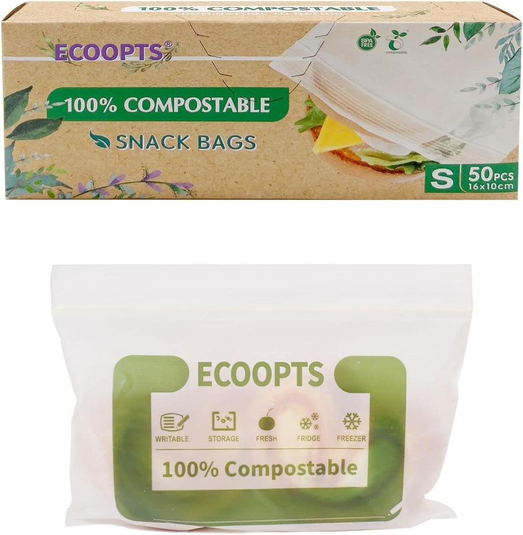 100% Compostable Snack Zip Bag | ECO-Friendly Small Storage Bags | Freezer Bag | Plant-Based BPA-free | Seal well for Cookie, Chips and Snack (1, Small)