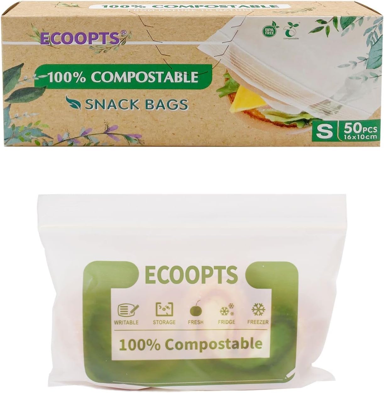 100% Compostable Snack Zip Bag | ECO-Friendly Small Storage Bags | Freezer Bag | Plant-Based BPA-free | Seal well for Cookie, Chips and Snack (1, Small)