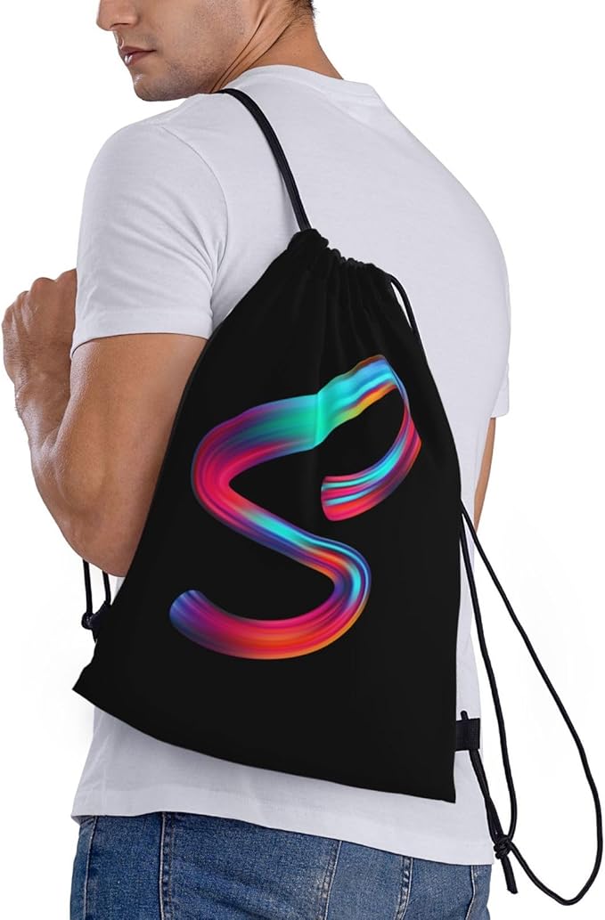 Drawstring Bags Initial Drawstring Backpack Sackpack Black Draw String Cinch Bags for Sports, Gym, Travel, Swimming, Beach, Camping, Rainbow Letter S