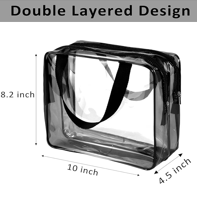 2Pcs Crystal Clear PVC Travel Toiletry Bag Kit for Women Men, Waterproof Vinyl Organizer Clear Makeup Bags with Zipper, Cosmetic Bag Pouch Carry on Airport Airline Compliant Bag Handbag (Double Layer)