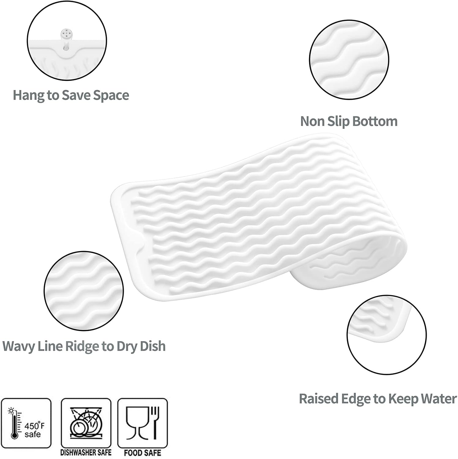 Silicone Dish Drying Mat for Multiple Usage,Easy clean,Eco-friendly,Heat-resistant Silicone Mat for Kitchen Counter,Sink,Bar,Bottle,or Cup White M 17 inches x 6 inches