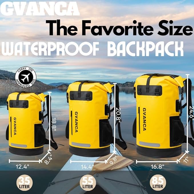 Waterproof Dry Bag Backpack for Kayaking, Roll Top Kayak Dry Backpack, Floating Outdoor Dry Sack Boating Sailing Canoeing Rafting Fishing Camping 55L Yellow