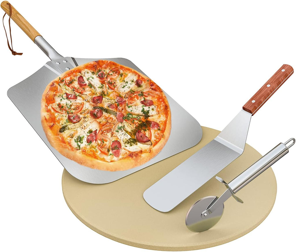 Onlyfire Round Pizza Stone Set for Oven and Grill, Pizza Grilling Tool Kit Including Baking Stone, Pizza Peel, Pizza Shovel and Cutter, Ideal for Baking Crisp Crust Pizza, Bread and More