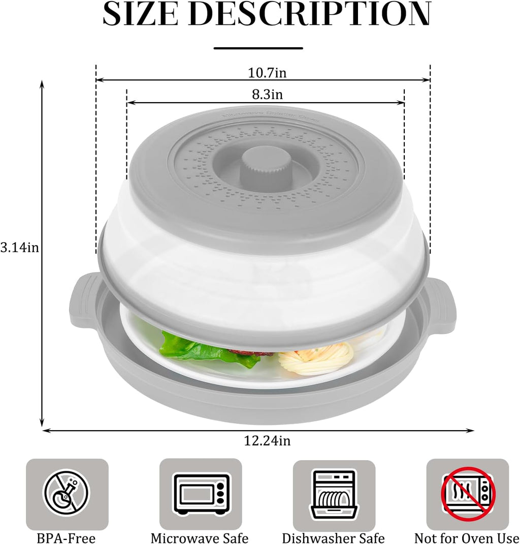 10.7 Inch Microwave Food Cover with Heat Insulation Mat, Anti-Scald Collapsible Microwave Splatter Cover, Multi-Functional as Colander & Fruit Plate, Dishwasher Safe, Ideal for Meal Prep (Gray)