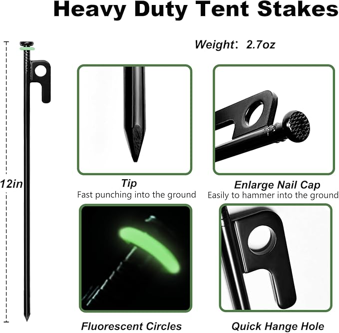 10Pcs Tent Stakes, 12in Heavy Duty Tent Stakes with Storage Pouch, Forged Steel Tent Sakes Metal, Metal Stakes for Tent Used (10Pcs, 12in, Diameter 1/4")