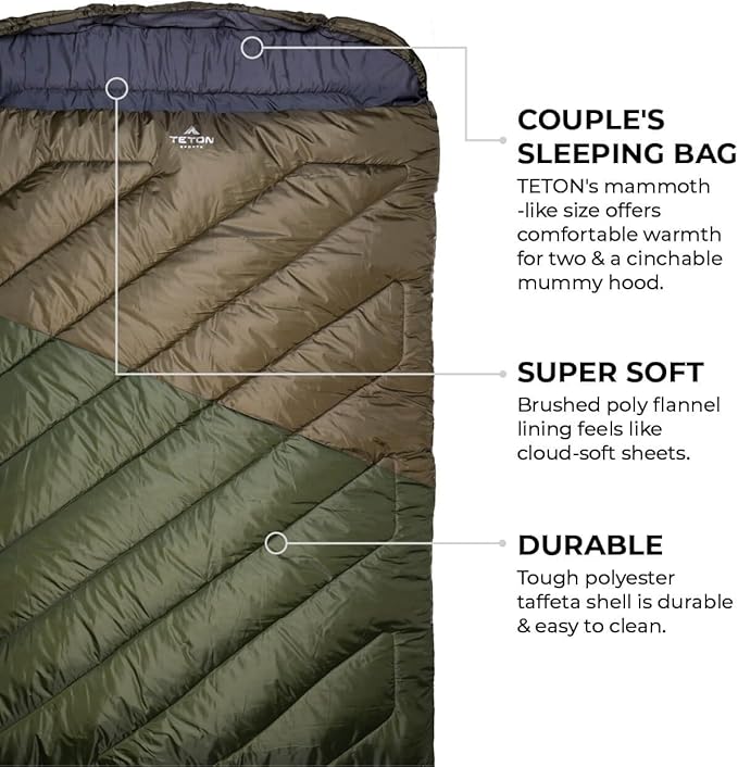 Teton Mammoth Queen Size Double Sleeping Bag- A Warm Bag The Whole Family can Enjoy – Great for Camping, Hunting and Base Camp. Compression Sack Included