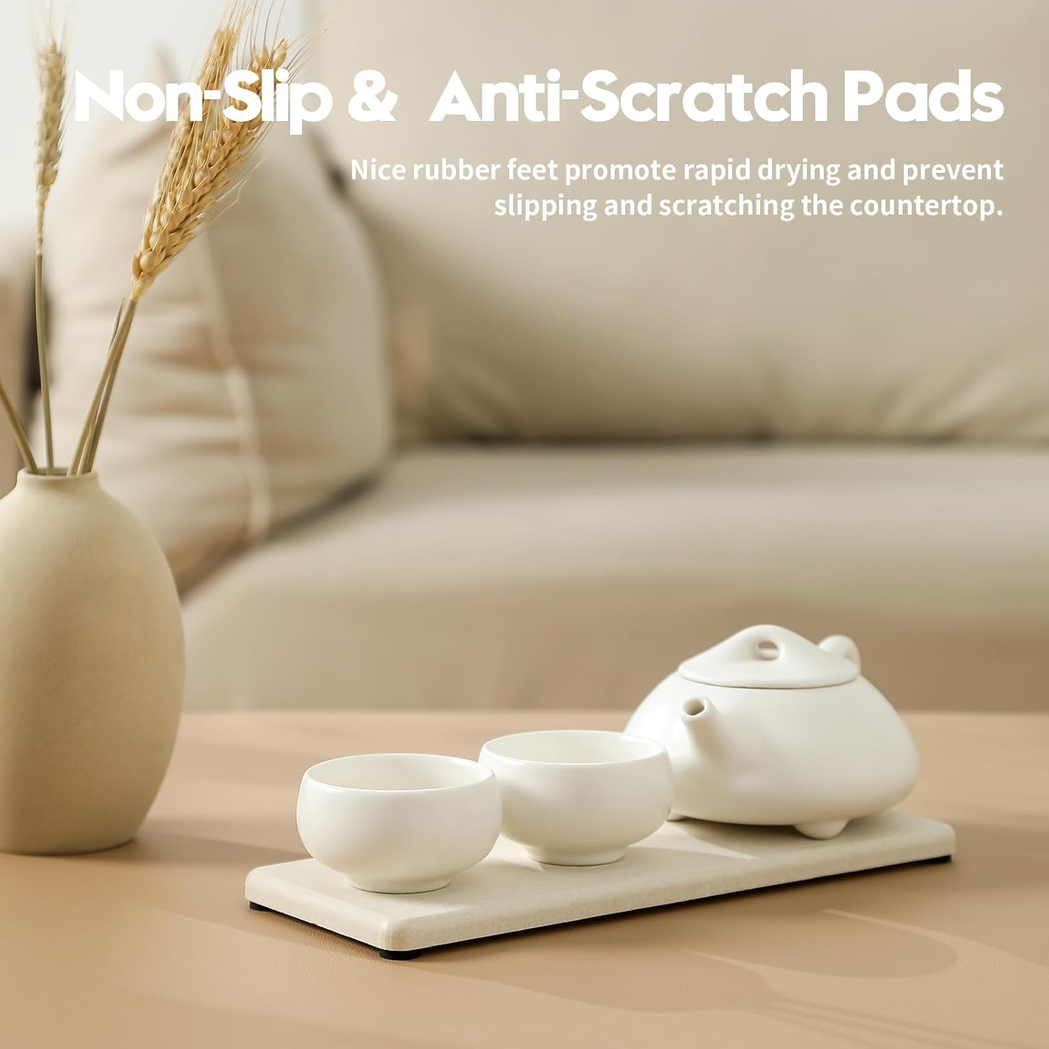 2PCS Bathroom Sink Vanity Trays, Water Absorbing Diatomite Stone Quick Drying Mat for Kitchen Counter,Faucet Splash Guard Dish Rack Soap Dispenser Sponge Holder Caddy Organizer,Beige, 9"x3.5"