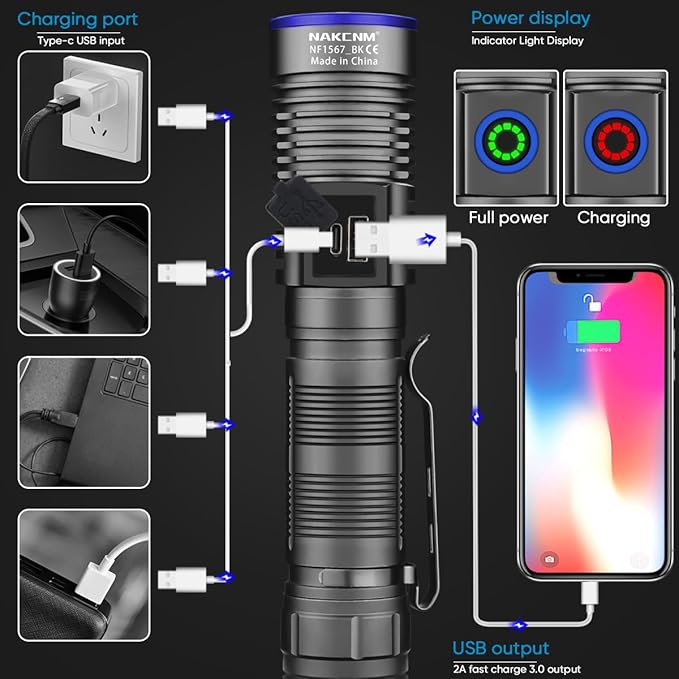 NAKCNM Rechargeable Flashlights High Lumens, 2 Pack 25000 Lumens 4 Modes, Small Magnetic Flashlight Pocket with Clip & Diffuser, Handheld Flashlight Lantern for Camping(Black&Silver)