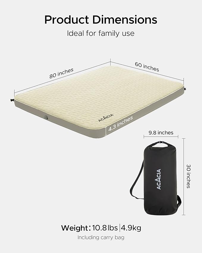 ACACIA 4.3" Thick Self Inflating Sleeping Pad with Foam | Innovative Y-Shaped Telescopic Structure | Ultraportable Camping Mattress | Outdoor Compact Air Mat for Tent Car |