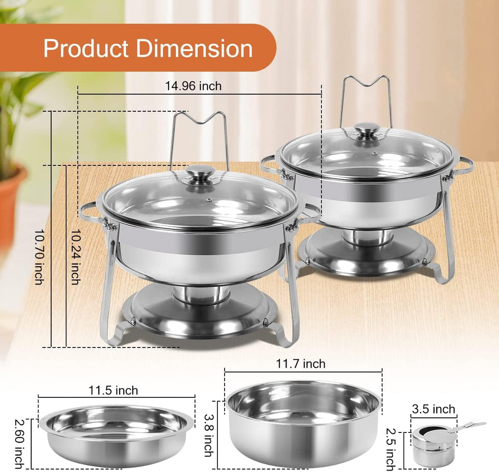 6 Packs Round Chafing Dish Buffet Set, 4 QT Stainless Steel Chafing Dishes with Glass Lid & Lid Holder, Catering Food Warmers for Parties Buffet Weddings Events