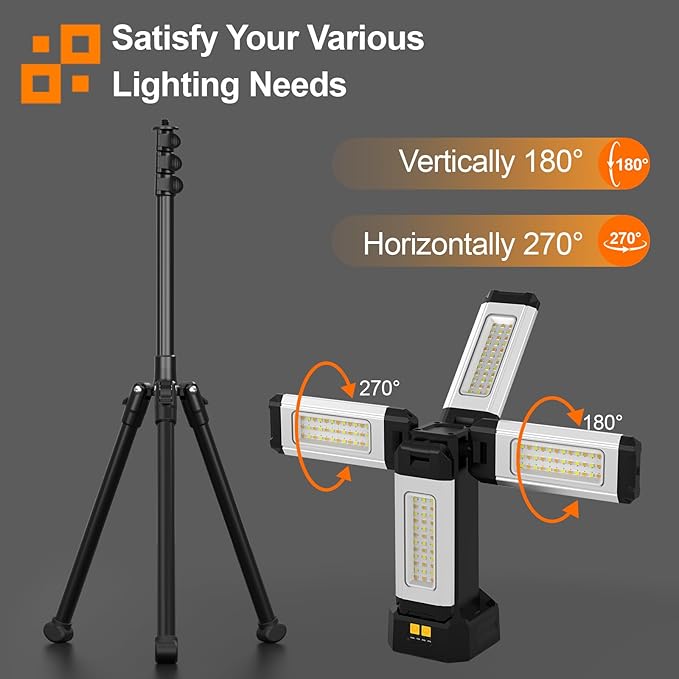 13200mAh Rechargeable Aluminum Work Light with Folding Stand Support and Portable Carrying Bag, 8000 Lumen Stepless Dimmable, 3 Lighting Modes, White/Warm/Nature White (Standard)