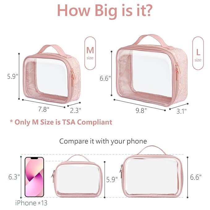 PACKISM Floral Texture Lace TSA Approved Toiletry Bag - 180° Large Opening Clear Makeup Bags in 2 Size, Clear Bags for Travel with Handle, 0.5 mm Thick Non-deformable No Smell, Pink