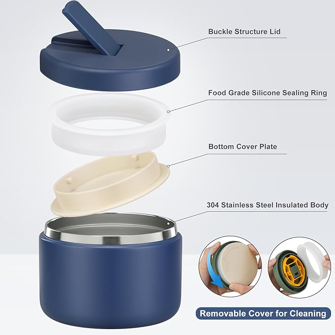 12oz Kids Soup Thermo for Hot Food Insulated Vacuum Food Jar with Buckle Lid, Stainless Steel Wide Mouth Leak Proof Lunch Container for School Travel-Blue