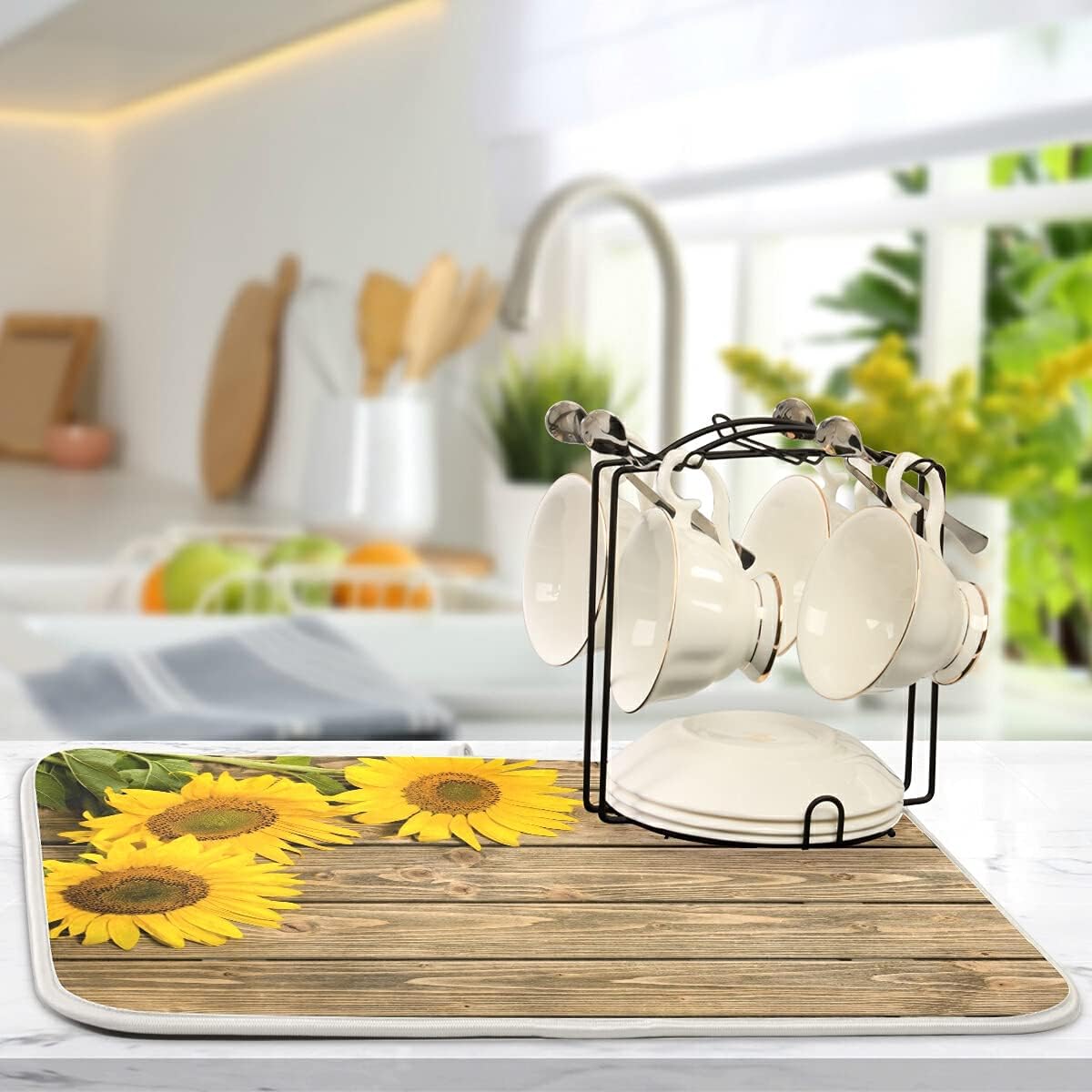 Super Absorbent Dish Drying Mat, Microfiber Fast-Drying Dish Mat, 24" x 18", Kitchen Dish Drying Pad, Sunflowers On The Wooden