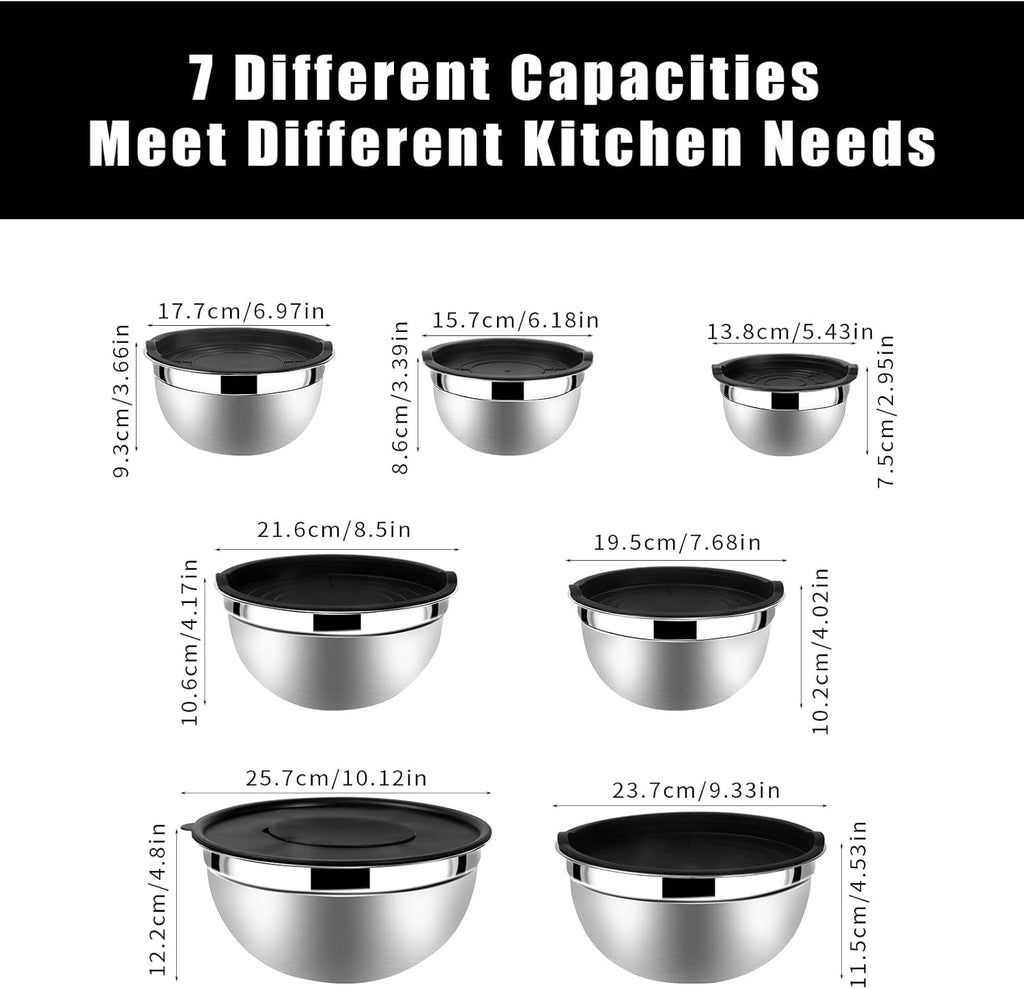 Lazycorner Stainless Steel Mixing Bowls with Airtight Lids Set of 7 Stainless Steel Bowls Set with 3 Grater Attachments Great for Serving & Baking