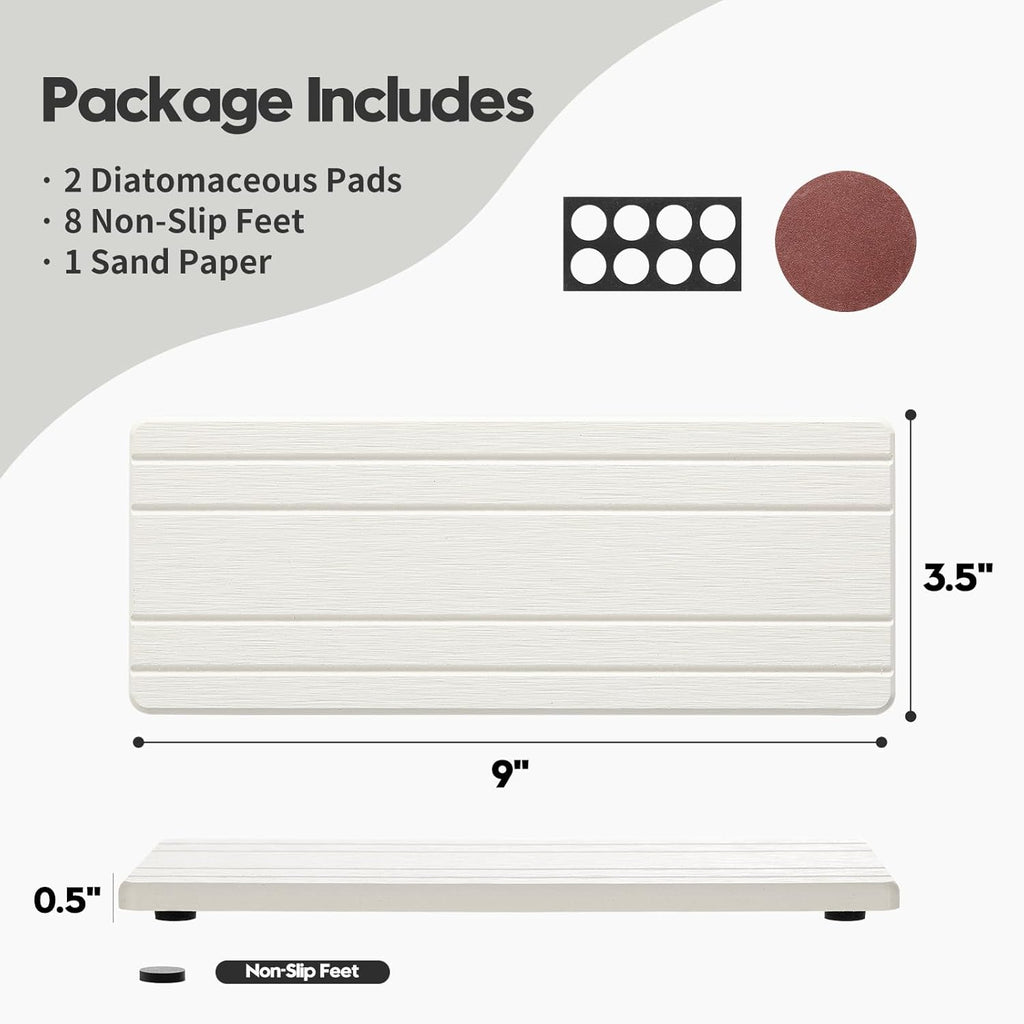 2PCS Diatomite Quick Stone Drying Tray Mat for Bathroom & Kitchen Counter, Instant Dry Water Absorbent Drink Bar Coaster,Vanity Sink Caddy Organizer,Dish Soap Sponge Holder, White,9"x3.5"