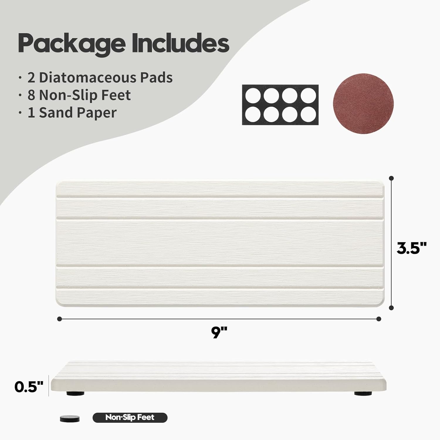 2PCS Diatomite Quick Stone Drying Tray Mat for Bathroom & Kitchen Counter, Instant Dry Water Absorbent Drink Bar Coaster,Vanity Sink Caddy Organizer,Dish Soap Sponge Holder, White,9"x3.5"