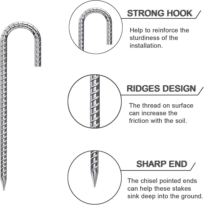 Rebar Stakes 12 Inch 16 Pack Tent Stakes Heavy Duty Metal J Hook, Fence Stakes for Trampoline, Fence, Camping Tent (16, J-12 x5/16)