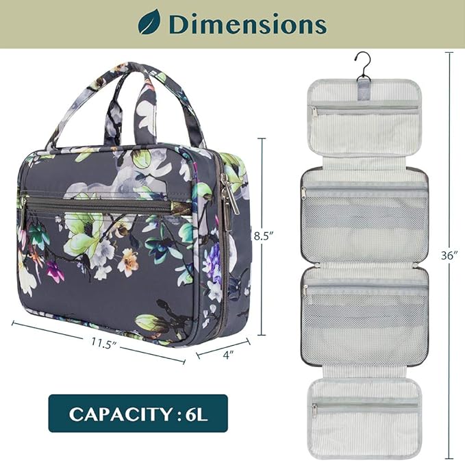 PAVILIA Hanging Toiletry Bag Travel Bag Women Men, Foldable Cosmetic Organizer, Roll up Makeup Bag, Water Resistant Accessories Toiletries, Large Travel Essentials Kit (Grey Floral)