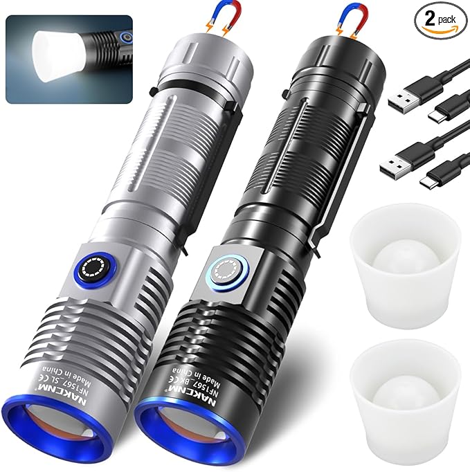 NAKCNM Rechargeable Flashlights High Lumens, 2 Pack 25000 Lumens 4 Modes, Small Magnetic Flashlight Pocket with Clip & Diffuser, Handheld Flashlight Lantern for Camping(Black&Silver)