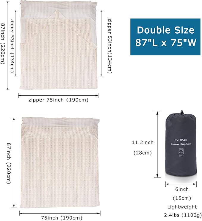 100% Cotton Sleeping Bag Liner with Full Length Zipper on 3 Sides; Single/Double Adult Sleep Sack for Travel & Camping, Multifunctional Travel Sheets (Unzipped 87”x87”) for Hotel, Lightweight