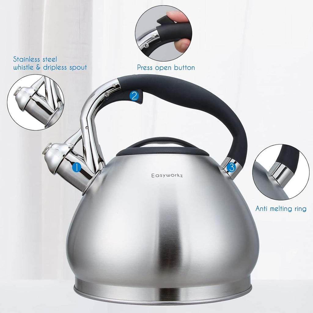 Easyworkz Whistling Stovetop Tea Kettle Food Grade Stainless Steel Hot Water Tea Pot With Loud Whistle,3.1 Quart(3.0l)