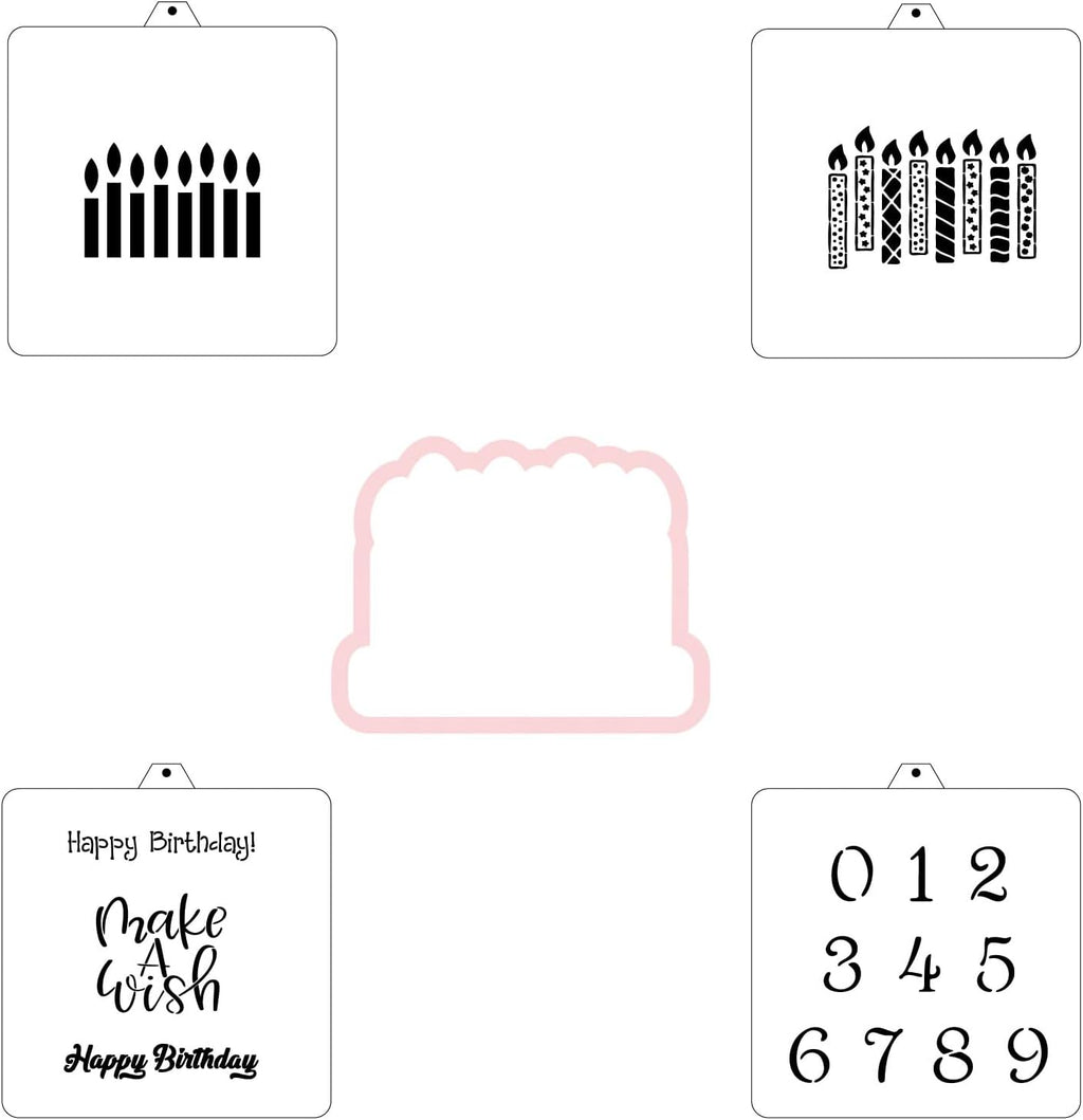 Birthday Cookie Cutter and Stencil Set Bundle Kit PYO Cookies Paint Your Own Diy Bakery Fondant Sugar Happy Birthday Wedding Baby Candle Kids Painting Coloring Pages Comb (Candle)
