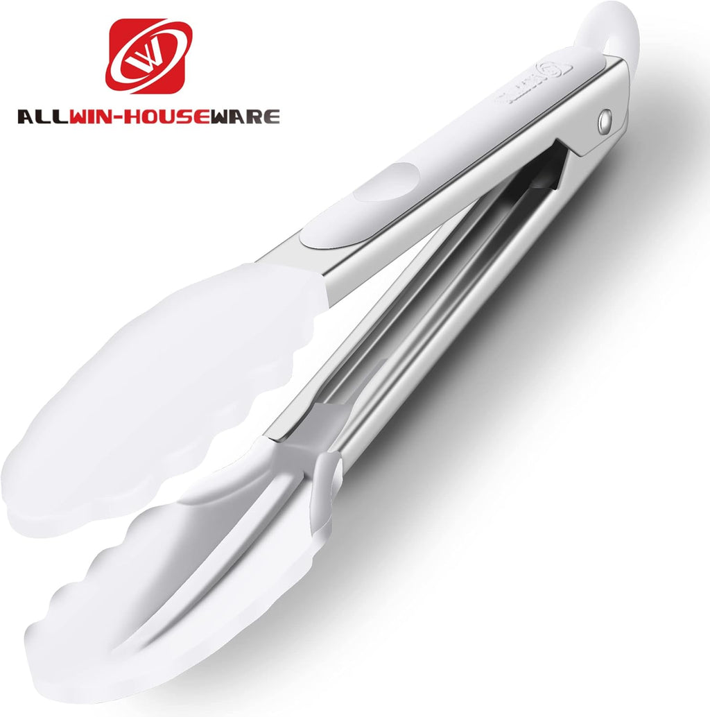 Premium Silicone Set of 2 Cooking Tongs, 9-Inch & 12-Inch BPA Free Non-Stick Stainless Steel BBQ Grilling Locking Food Tong, Light Grey