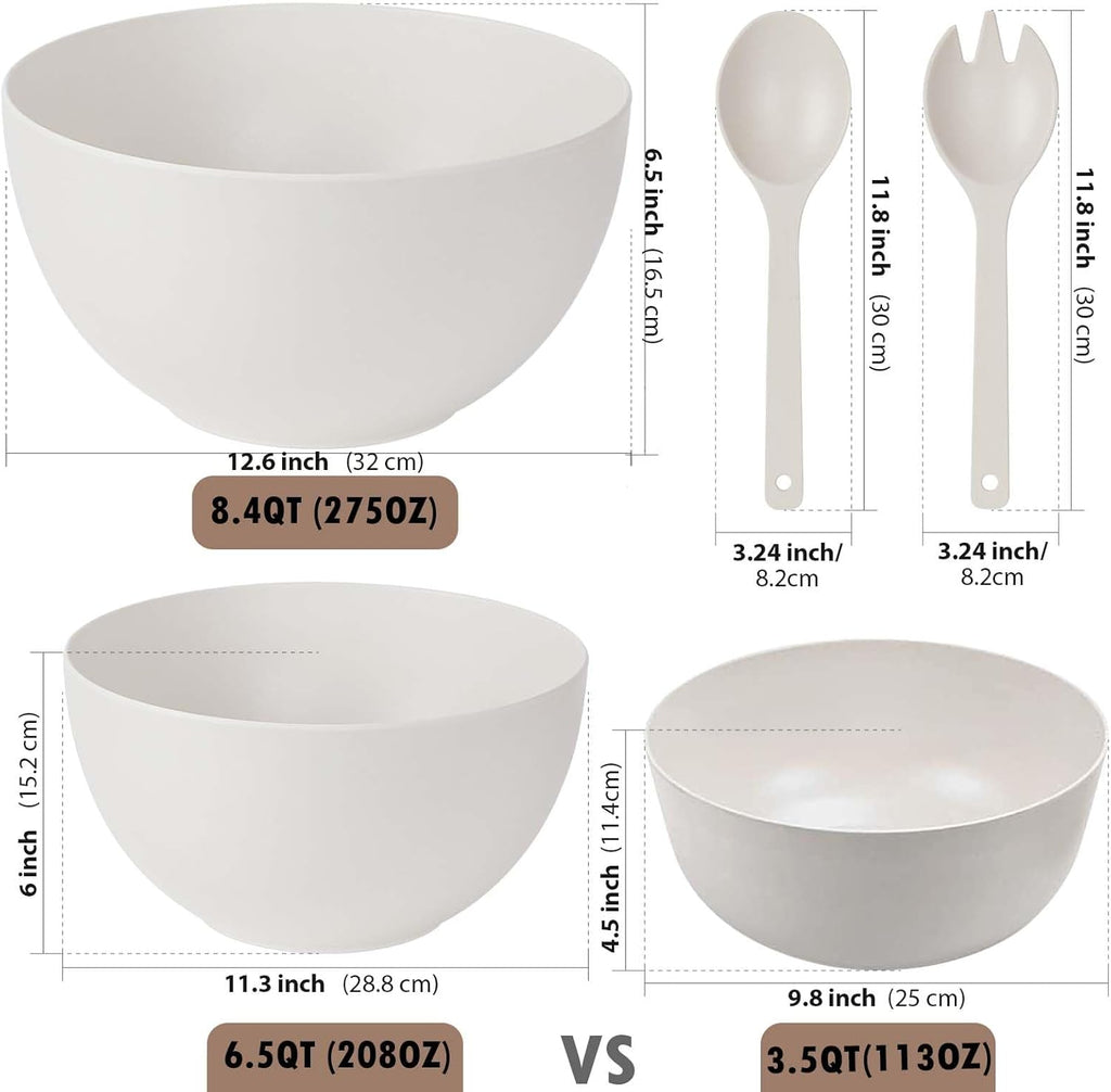 12.6" Extra Large Salad Serving Bowl Set with Wooden Lid&Utensils, 8.4Qt. Bamboo Fiber Salad Bowl with Servers for Kitchen, Lightweight Big Bowl White for Mixing Salad,Fruit,Pasta
