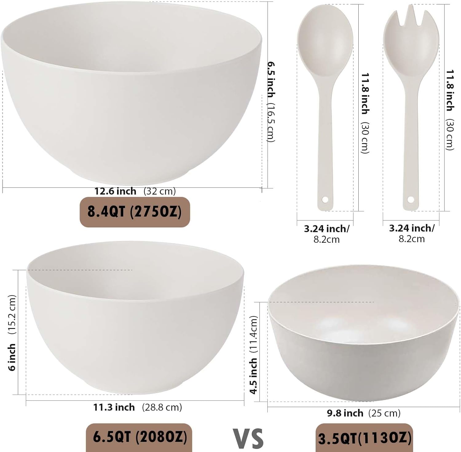 12.6" Extra Large Salad Serving Bowl Set with Wooden Lid&Utensils, 8.4Qt. Bamboo Fiber Salad Bowl with Servers for Kitchen, Lightweight Big Bowl White for Mixing Salad,Fruit,Pasta