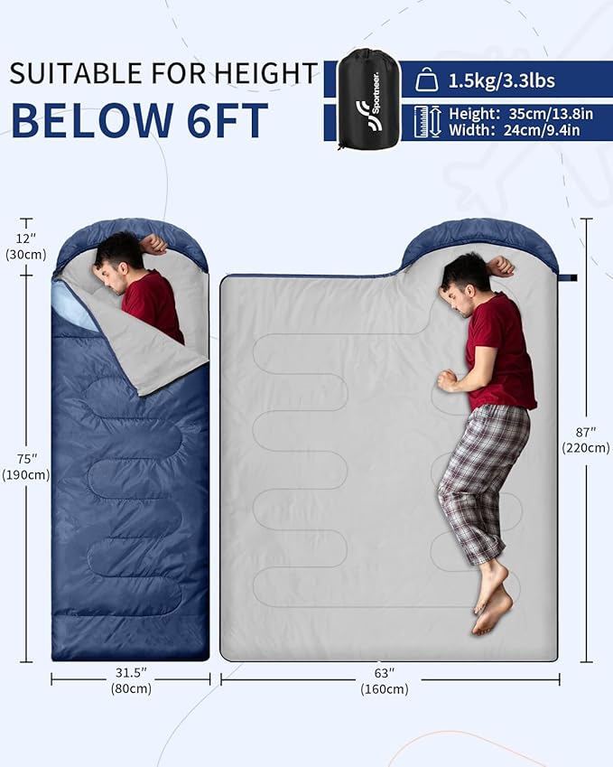 Sportneer Sleeping Bags for Adults, Warm & Cold Weather Sleeping Bag for Adults Kids Boys Girls - Lightweight Compact Camping Gear Equipment, Traveling, Backpacking, Hiking