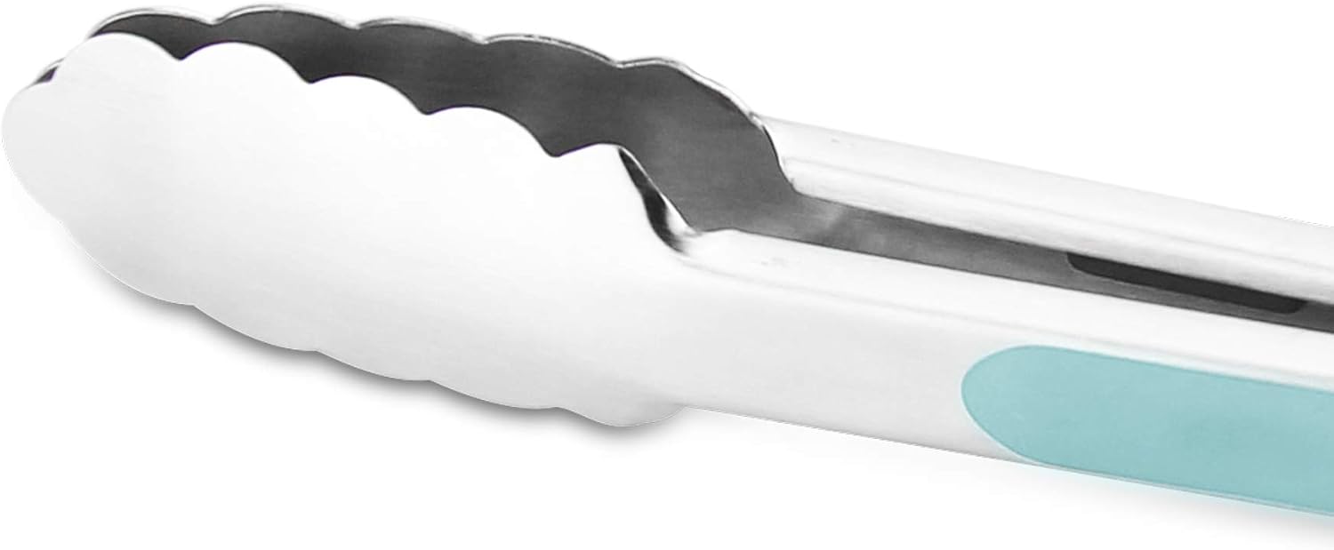 304 Stainless Steel Kitchen Cooking Tongs, 9" and 12" Set of 2 Sturdy Grilling Barbeque Brushed Locking Food Tongs with Ergonomic Grip, Aqua Sky