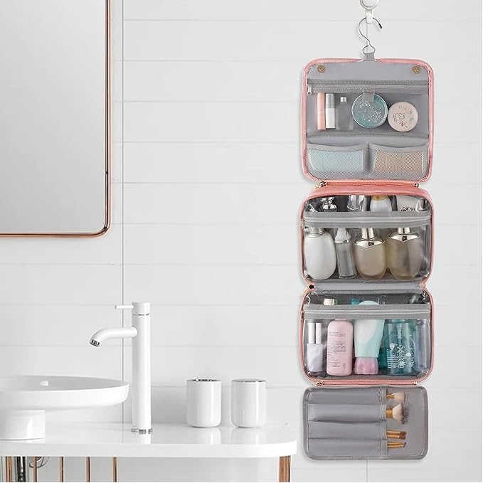 Elviros Travel Toiletry Bag for Men and Women with Hanging Hook, 3 in 1 Multifunctional Large Makeup Cosmetic Case for Toiletries Accessories, Water-resistant PU Leather Bathroom Dopp Kit Shaving Bag