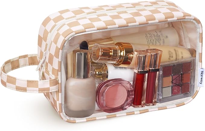 Narwey Clear Makeup Bag Cosmetic Bag with Zipper for Travel, Clear Toiletry Bags for Traveling Toiletries Women Men, Make Up Pouch Organizer with Handle, Skincare Bag (Light Checkerboard)