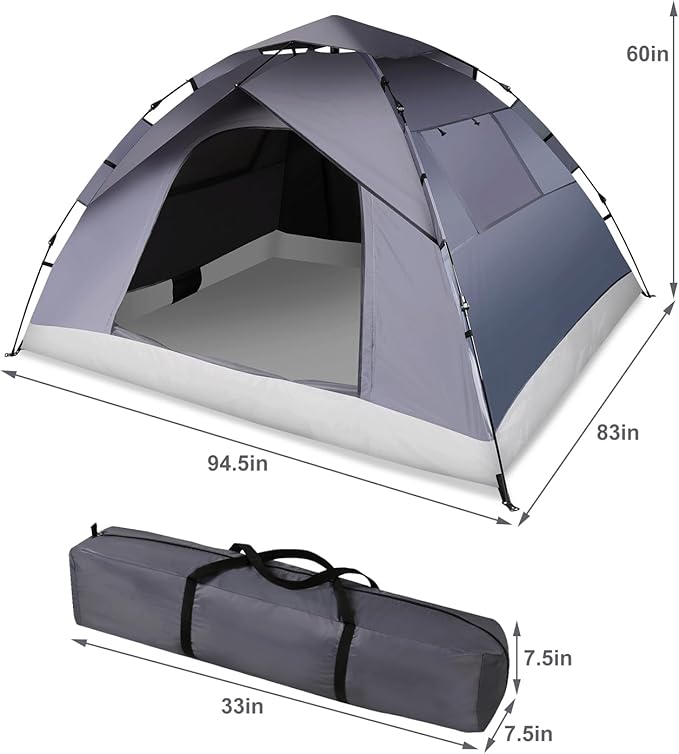 1/2/3/4 Person Pop-Up Camping Tent, Instant Setup Family Tent with Double Layer & Large Mesh Windows, Portable for Hiking, Backpacking & Outdoor Adventures, Waterproof & Windproof
