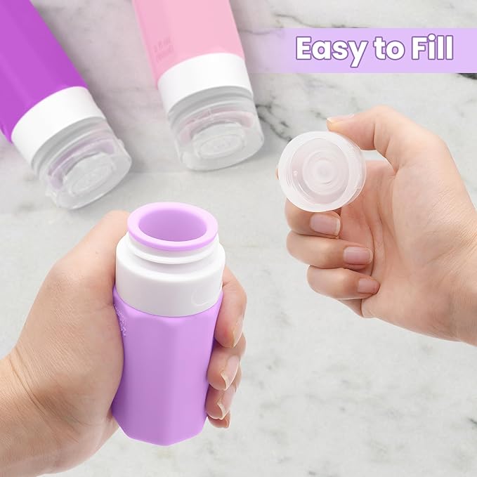 2 oz Travel Bottles, Small Travel Size Containers, TSA Approved Silicone Travel Toiletries Bottles, Shampoo and Conditioner Travel Kit for Women (Purple)