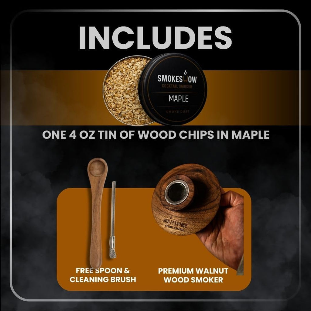Premium Walnut Wood Cocktail Smoker with One 4 oz Tin of Wood Chips. Great for Whiskey & Old Fashion. Coated in Safe Food Natural Beeswax, Non-toxic Top by Smokeshow (Maple)