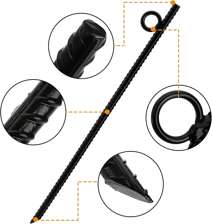ZOOFOX 12 Pack 17 Inch Black Ground Anchor, Heavy Duty Steel Rebar Stakes with Loop, Reusable Tent Stakes for Outdoor Camping