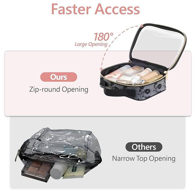 PACKISM Floral Texture Lace TSA Approved Toiletry Bag - 180° Large Opening Clear Makeup Bags in 2 Size, Clear Cosmetic Bags with Handle, 0.5 mm Thick Non-deformable No Smell, Black