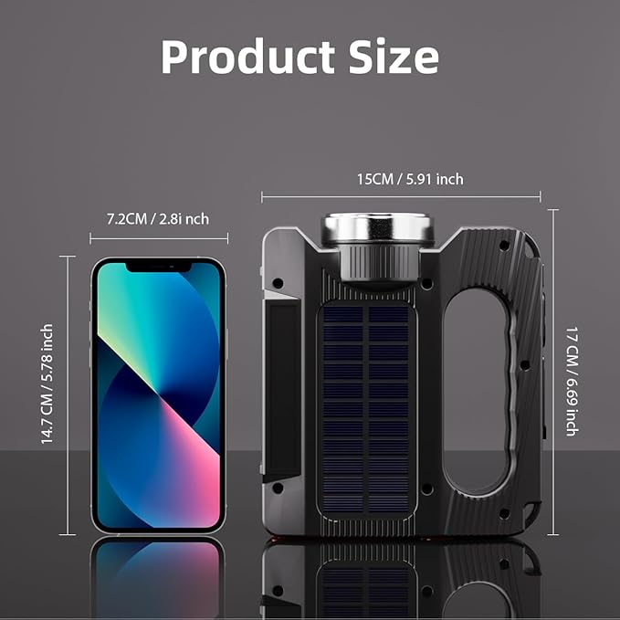 WARSUN Hand Crank Solar Powered Flashlight, Emergency Rechargeable LED Flashlight, Survival Flashlight with 6 Modes, 600 Lumens, Up to 20 Hours of Runtime, Great for Outdoor, Camping, Hiking, Fishing