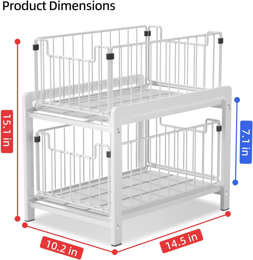 2 Tier Sliding Basket Drawer Organizer, Pull Out Under Sink Cabinets Organizers, Metal Home Shelf for Bathroom or Kitchen, Sliding Countertop or Pantry Storage Shelf, Large White
