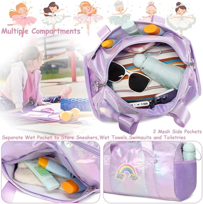 Dance Bag for Girls Dancers Ballet Bag Shiny Rainbow Sports Duffle Bag for Girls Ballerina Gym Duffle with Waterproof Dry Wet Separated Compartment