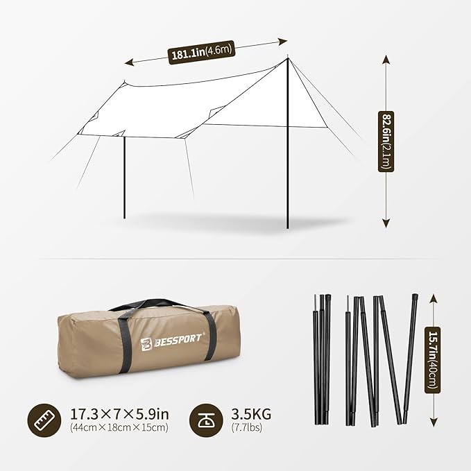 Bessport Camping Tarp, 16×9.8FT with 2 Poles, Portable Multifunctional Backpacking, PU 3000mm Waterproof Rain Fly Hammock Tarp for Outdoor,Traveling, Hilking