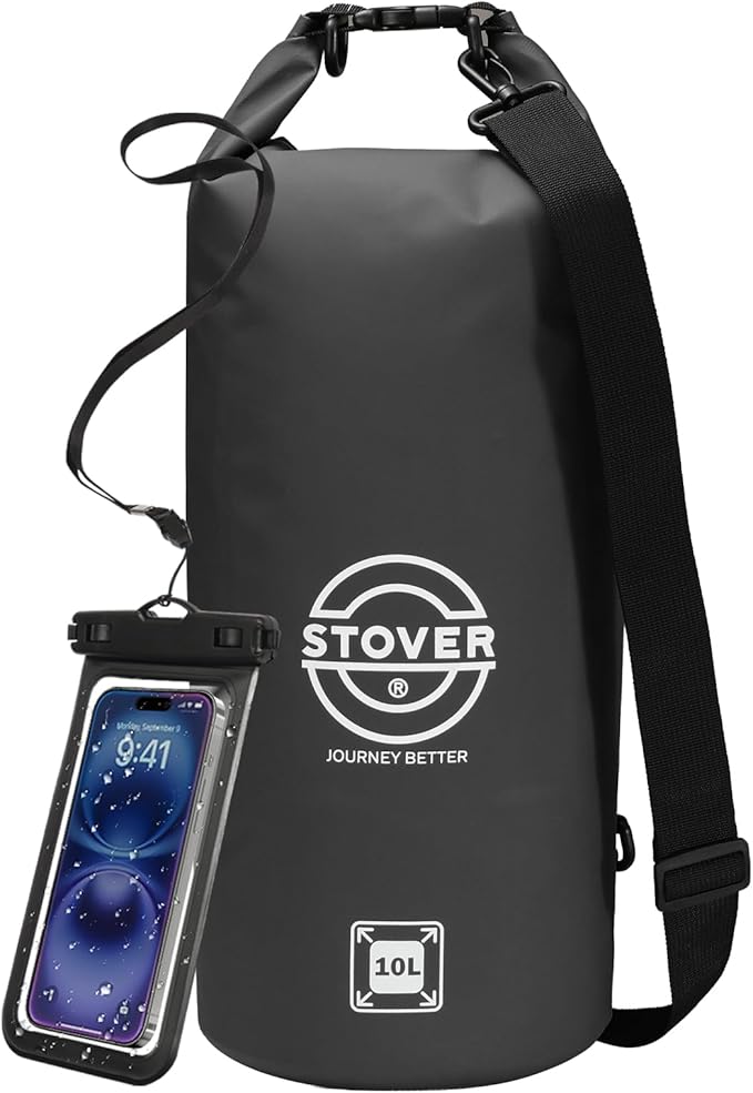 STOVER 5/10/25/30/40/55L Waterproof Dry Bag, Small Lightweight Roll Top Dry Bag Backpack w/Waterproof Phone Case, Kayaking, Travel, Hiking, Fishing, Tubing, Camping, the Beach, Men/Women (Black)