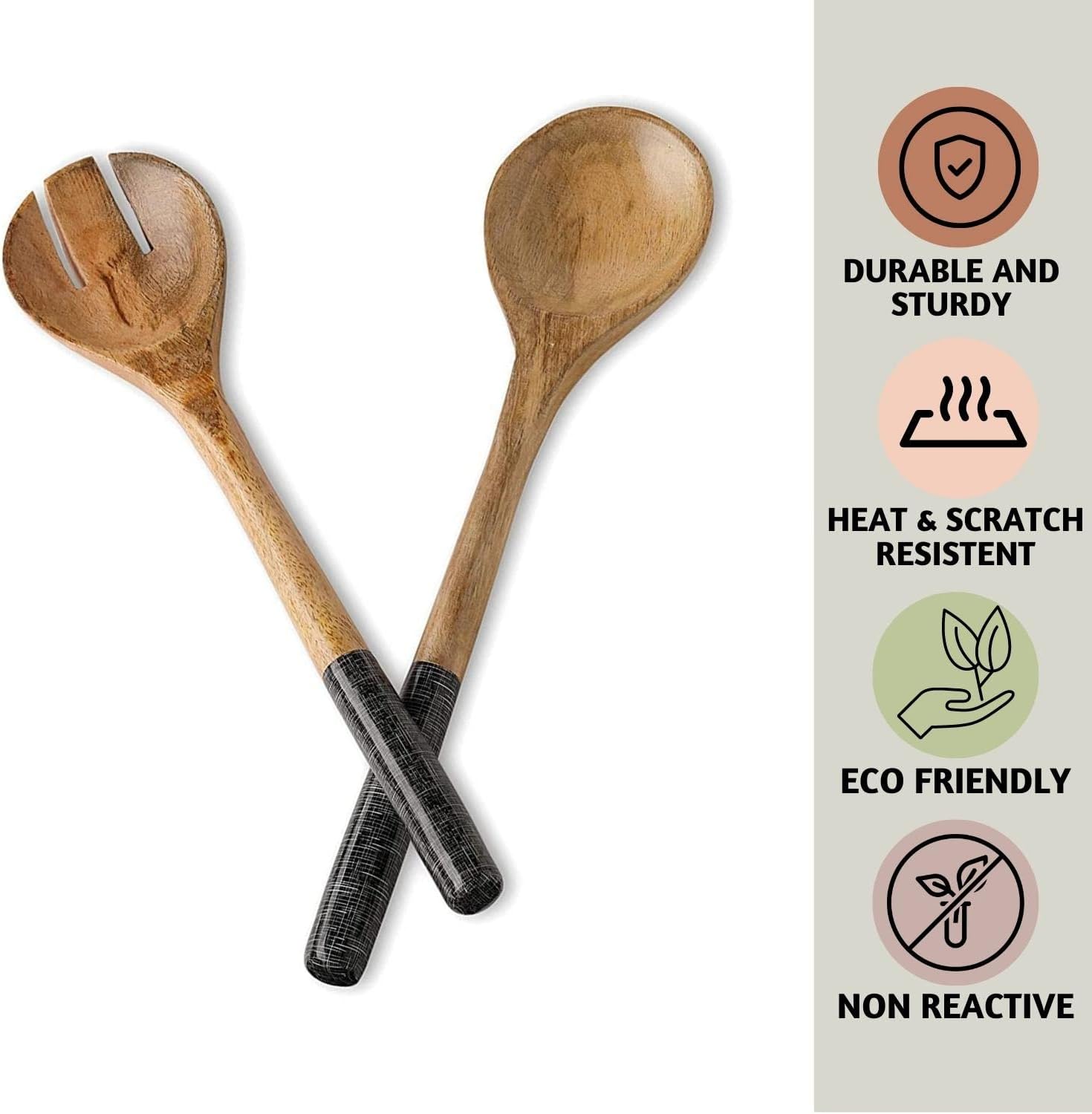 Folkulture Salad Servers or Salad Tongs, Wooden Utensils for Serving Salad, 12-inch Spoon and Fork Set, Mango Wood, Black Servers