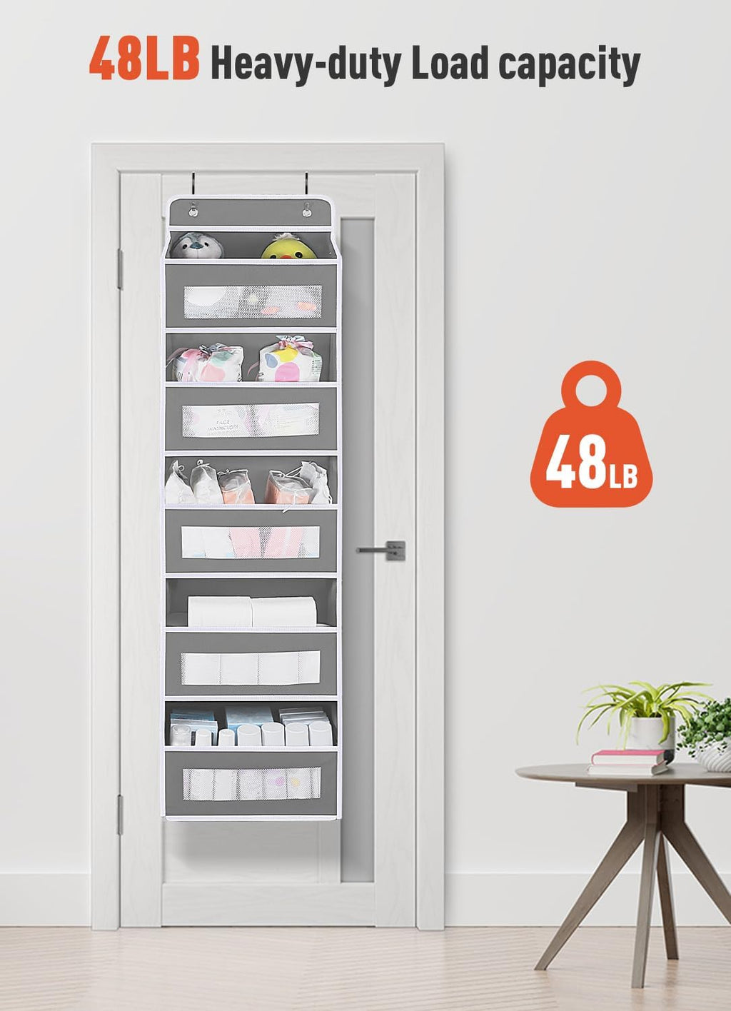 2 Pack Over The Door Organizer Storage, 5 Shelf Hanging Door Organizer with 10 Large Capacity Pockets, Anti Tilt 44 lb Load Behind Door Storage for Bedroom, Bathroom, Pantry, Nursery, (Grey)